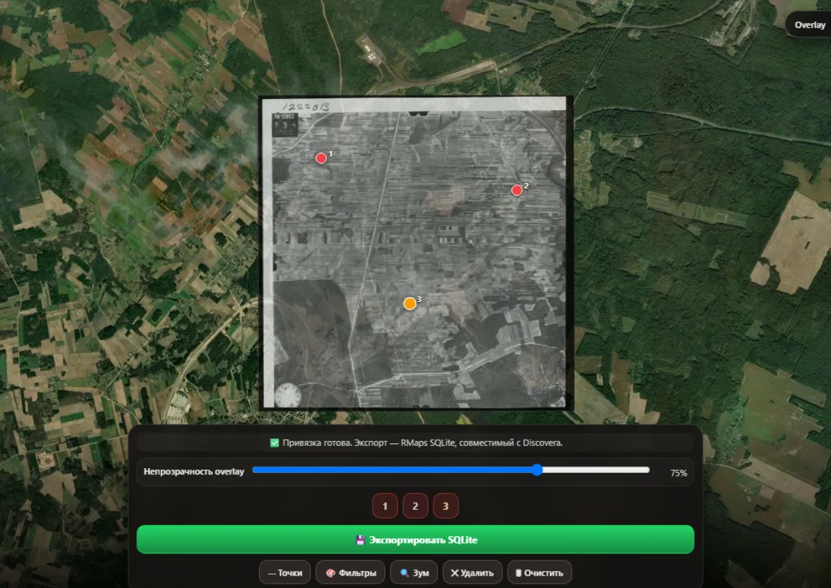 Discovera Georeferencer: a 1944 aerial photo near the village of Bruzgi pinned to the satellite by three control points, layer at 75% opacity